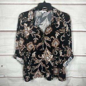 STELLA + GINGER Top Womens 2X Black Floral Paisley Quarter Zip Roll Tab Sleeve‎
